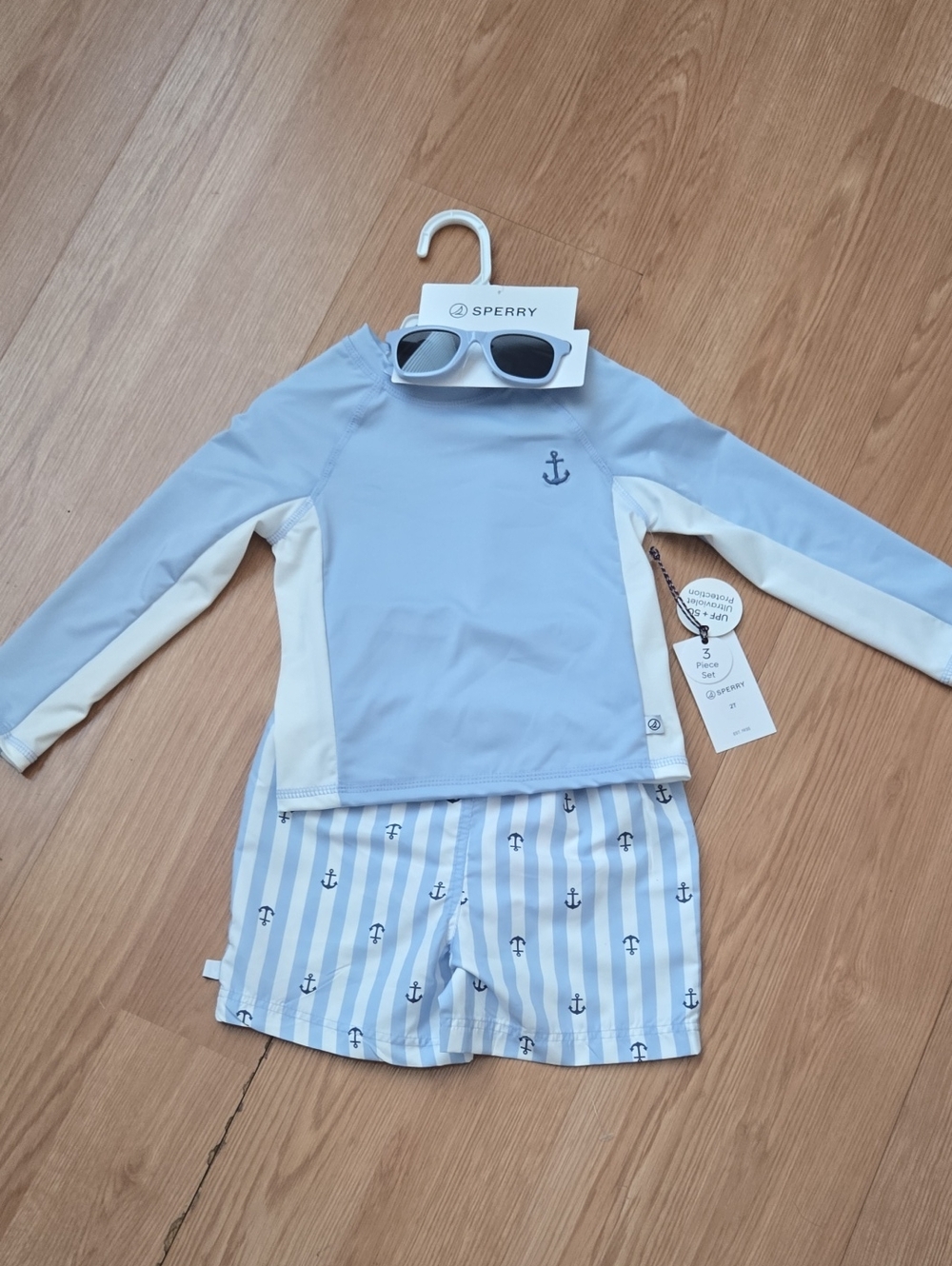 Sperry Light Blue & Cream Boys' Anchor Rash Guard Set with Striped Swim Shorts